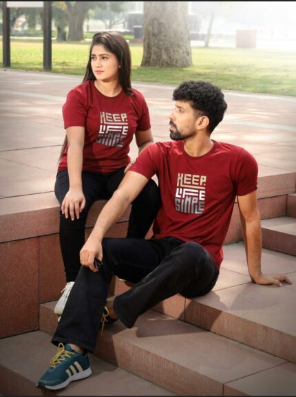 PRINTED MAHROON COTTON BLEND T-SHIRT
